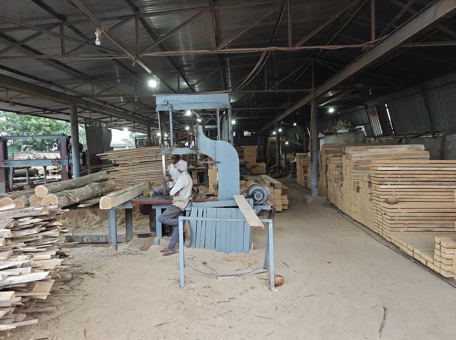 Workers at a band saw beside rows of stacked teak planks