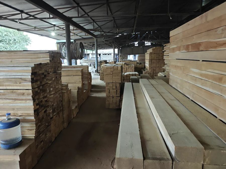 Aisle of teak sawn sizes and beams stacked under the shed